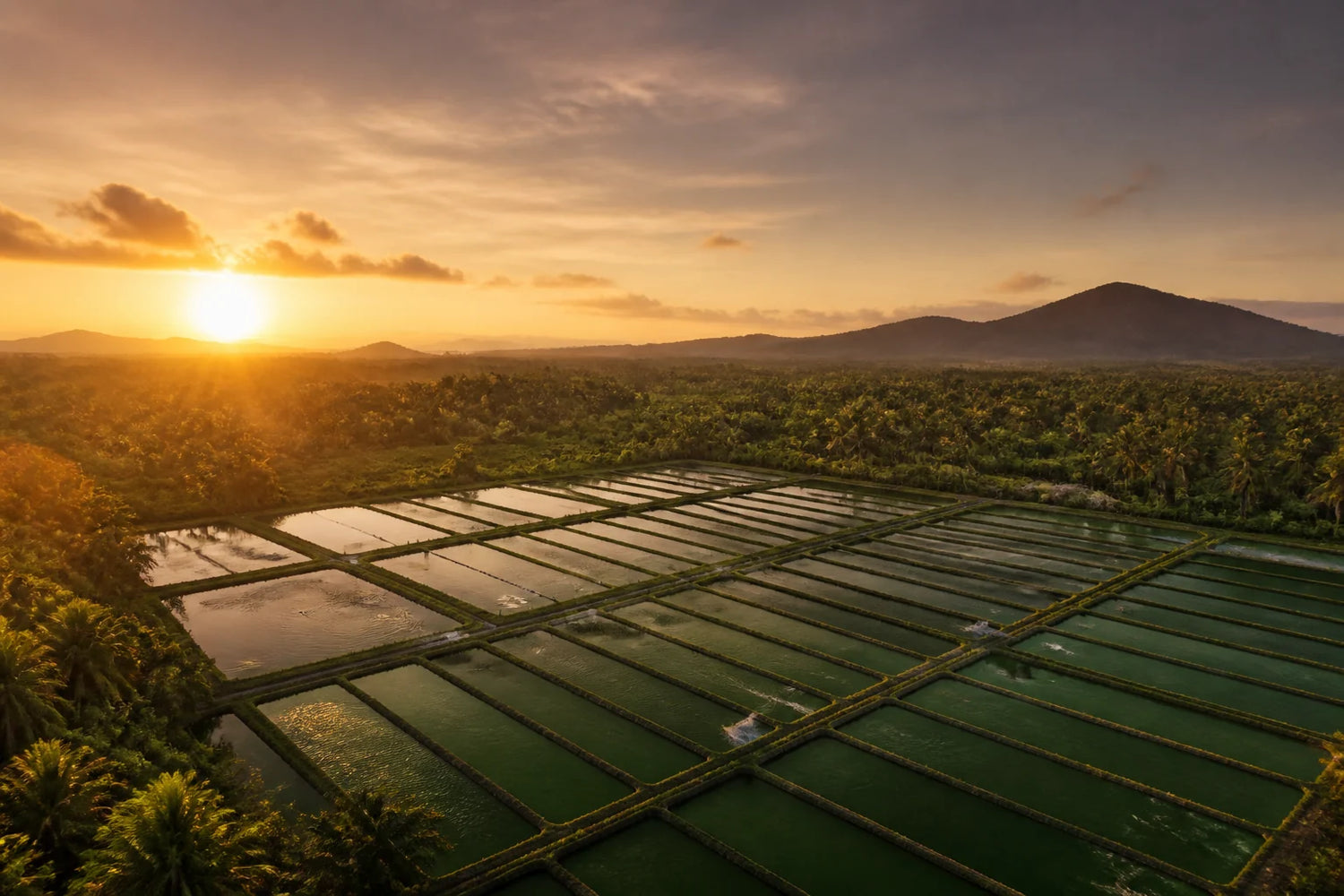 Aerial view of Alor Setar Malaysia spirulina ponds at golden hour